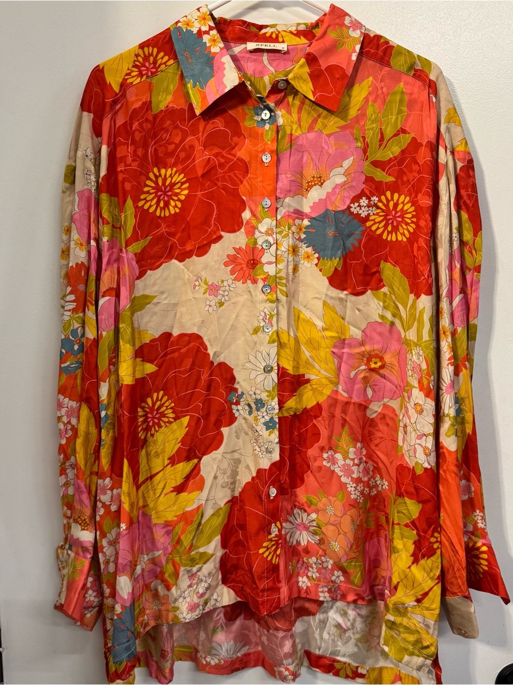 Free People Vibrant Red Floral Long-Sleeve Shirt Button Up Date Night